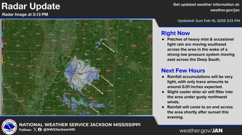 Radar Update as of 3:13 PM CDT on Sunday, February 15, 2026