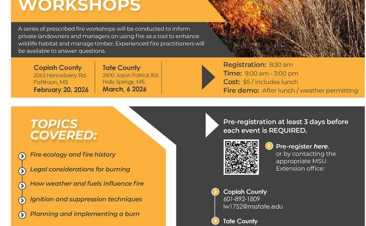 MDWFP reminds you to get your registration in for the upcoming Prescribed Fire Workshop in Tate Coun