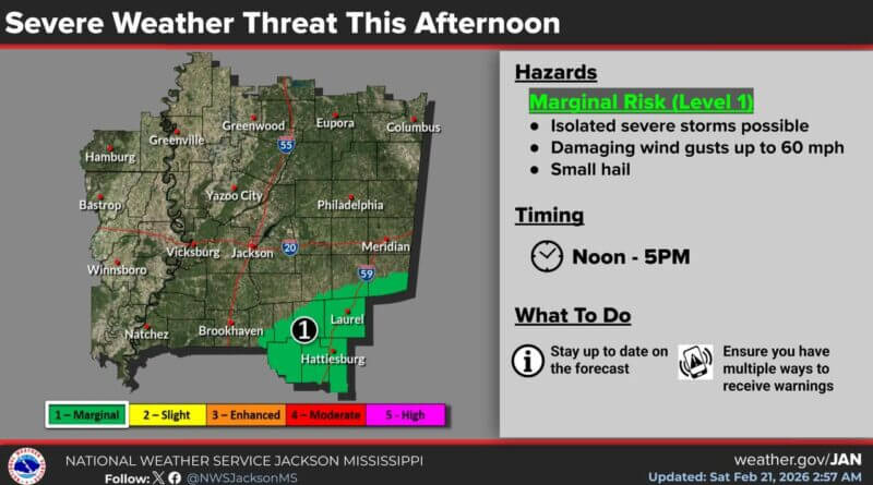 Severe storms possible in southeastern Mississippi this afternoon Good morning!