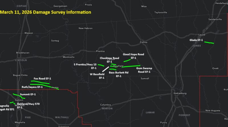 Storm damage surveys confirm nine EF-1 tornadoes in Mississippi and Louisiana Damage surveys are still ongoing from the storms that occurred Wednesday night