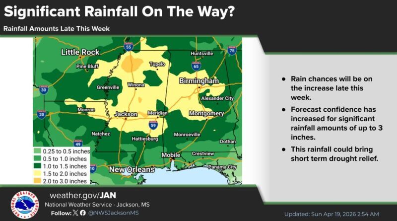 Forecast predicts up to three inches of rain late this week to ease drought There is increasing confidence that significant amounts of rain will fall late this week, up to thre